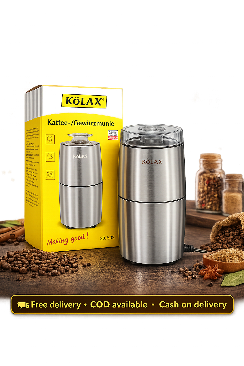 KÖLAX Electric Coffee & Spice Grinder – Stainless Steel Coffee Bean, Dry Spice & Herb Grinder | Powerful Motor | One-Touch Operation