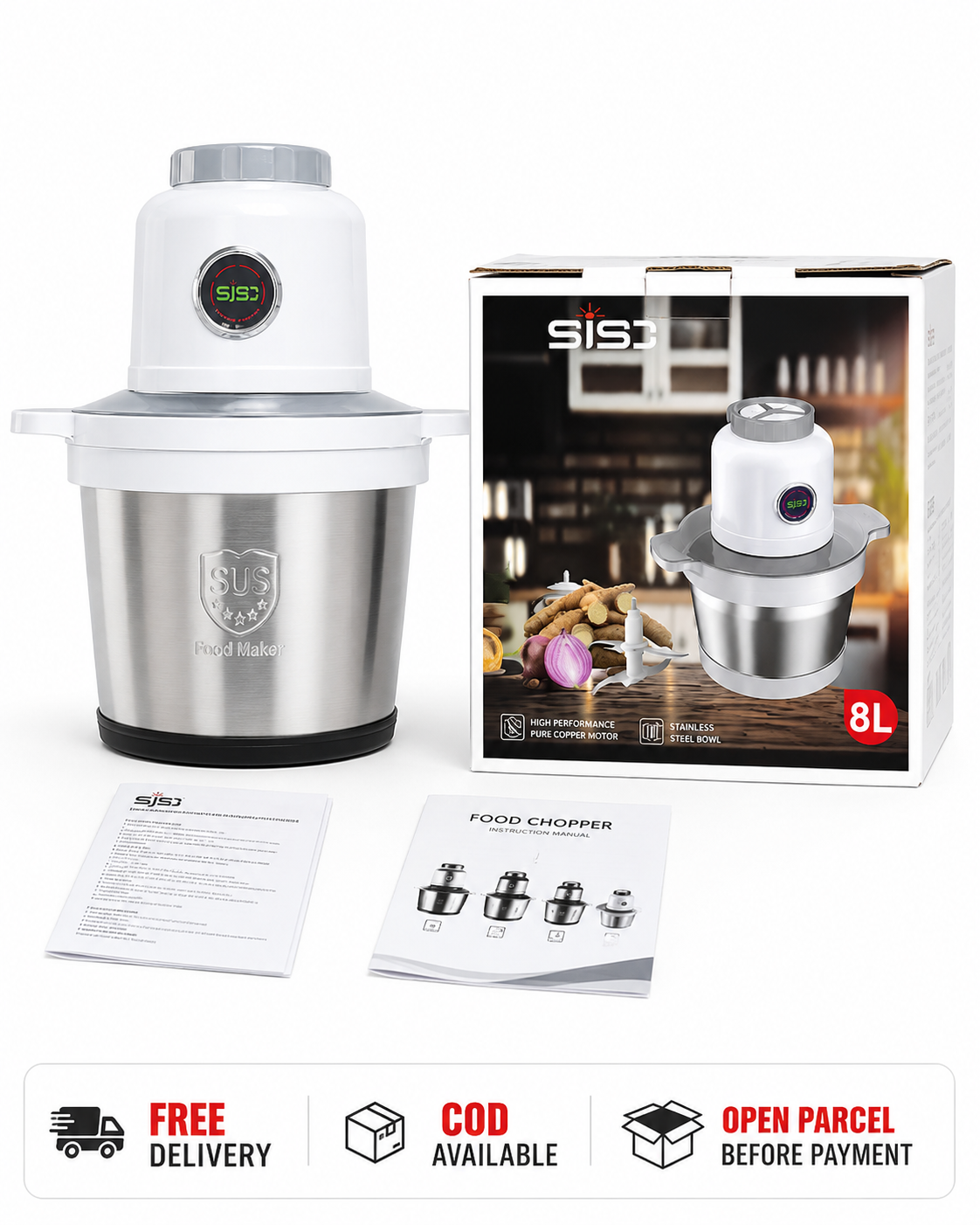 SJSC 8L Electric Meat Chopper – Stainless Steel Food Processor for Meat, Vegetables & More
