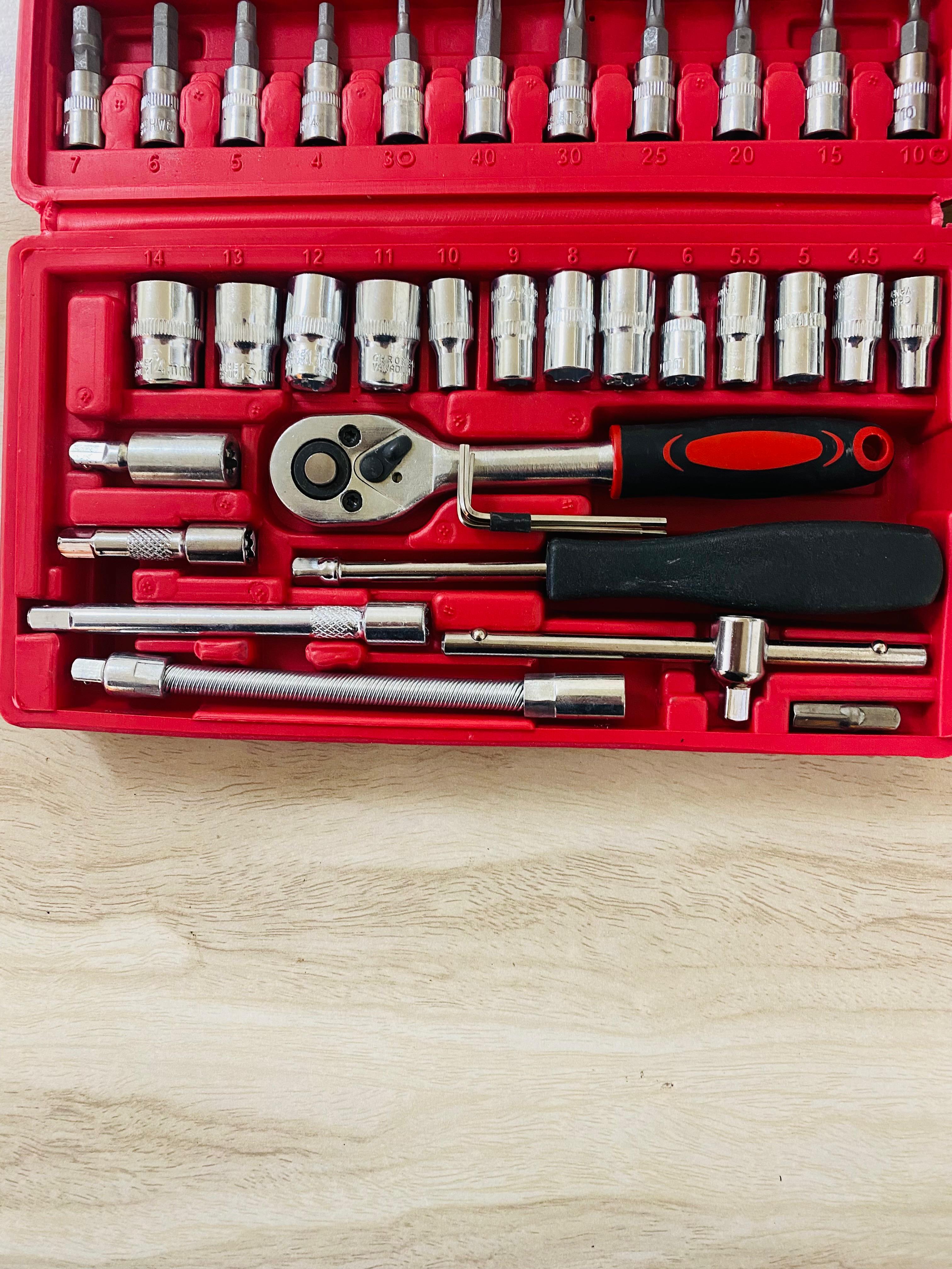 46 pcs Socket Wrench Set 1/4"Drive Metric Mechanic Tools Kit Bit Ratchet Sockets with Extension Bar for Automotive, Car, Bike, Household and Auto Repairing with Storage Case