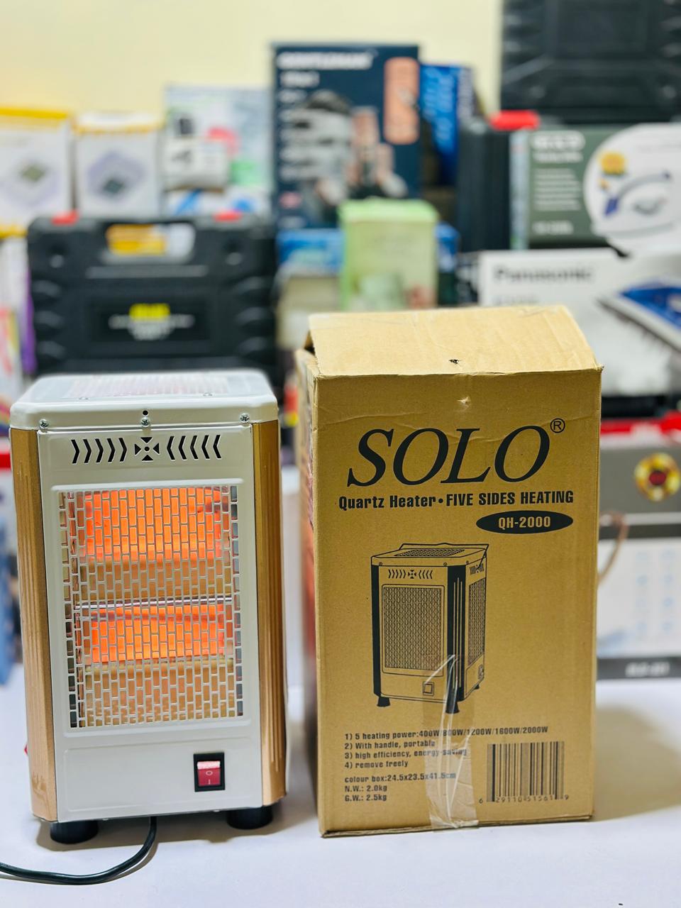 Standing solo Heater with Wheel, 5-Sided Heating, Multifunctional Outdoor Heater with Temperature Adjustment, Electric Heater for Garden Party,White (Gold)