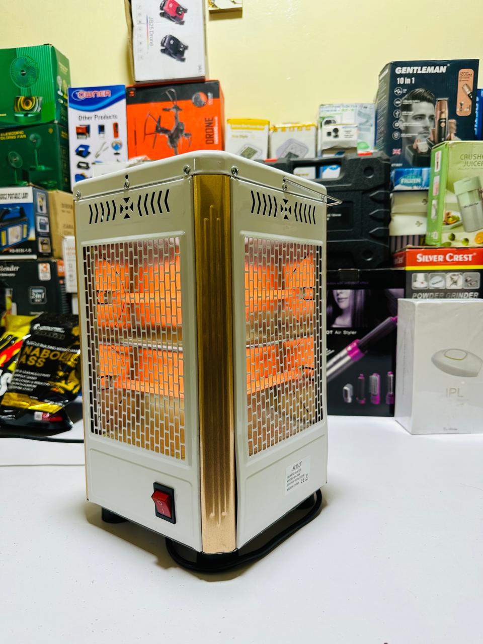 Standing solo Heater with Wheel, 5-Sided Heating, Multifunctional Outdoor Heater with Temperature Adjustment, Electric Heater for Garden Party,White (Gold)