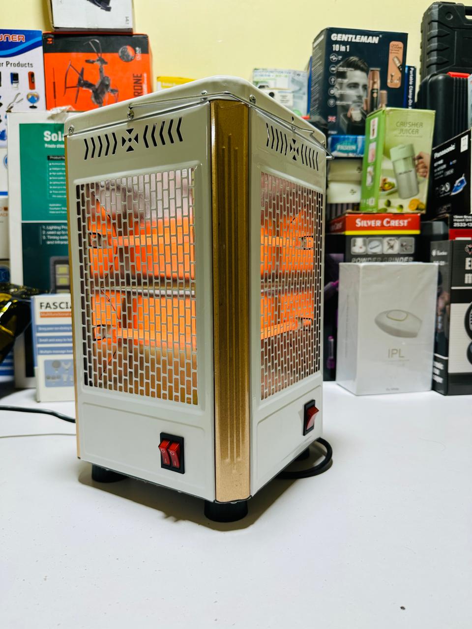 Standing solo Heater with Wheel, 5-Sided Heating, Multifunctional Outdoor Heater with Temperature Adjustment, Electric Heater for Garden Party,White (Gold)
