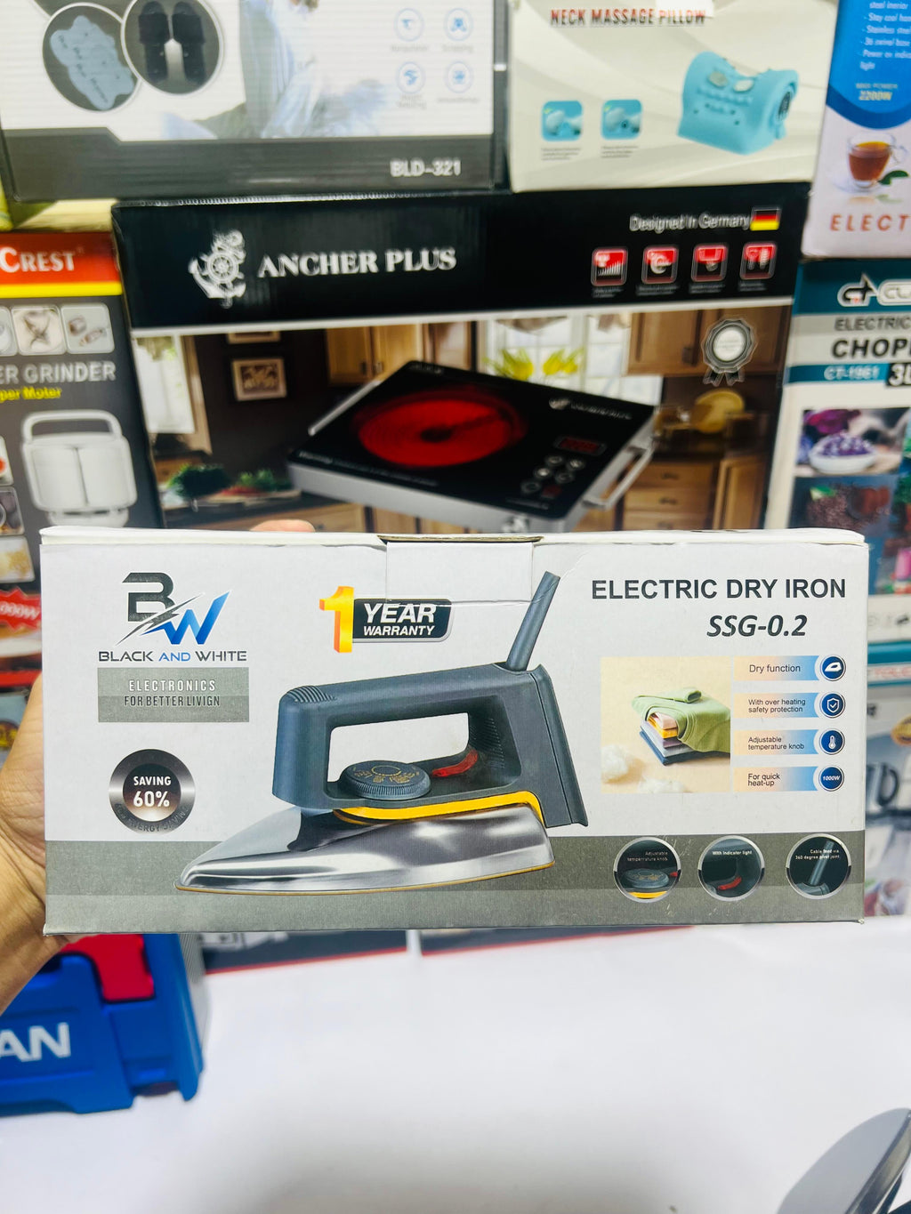 Black and White Electric Dry Iron  Model  SSg-0.2 - Automatic and Smart Size Electric Dry Iron - Complete 1 Years Warranty - Black