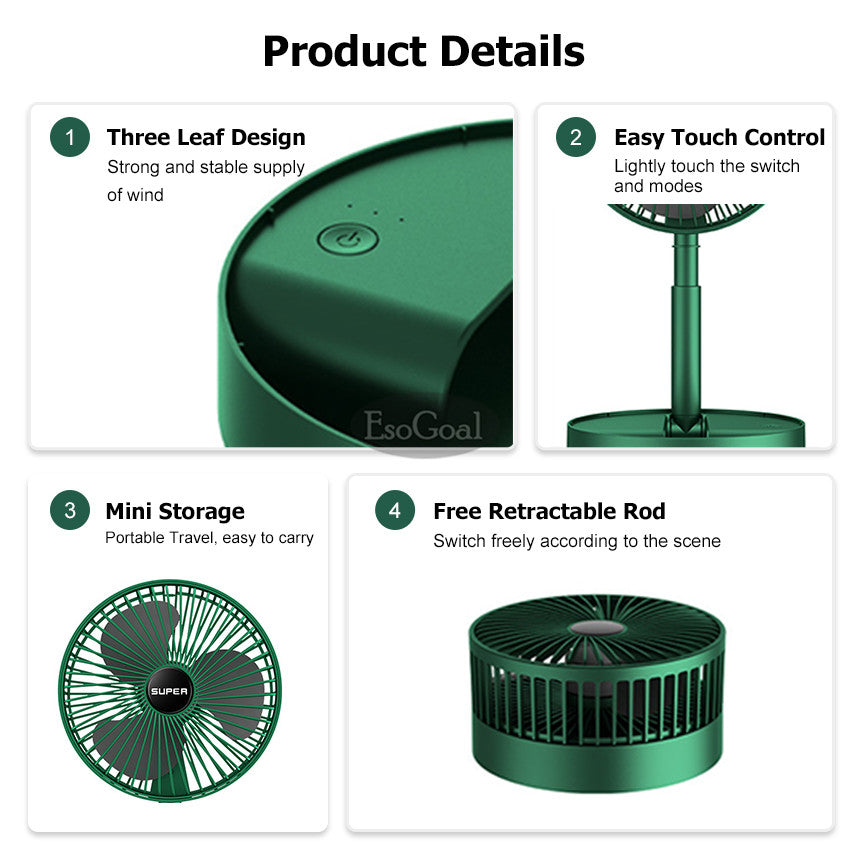 Electric Fan Mini Foldable Telescopic Fan Low Noise Portable Folding Telescopic Small Desktop Fan High Battery Life USB Rechargeable Floor Fan For Student Dormitory Home Outdoor Camping Office